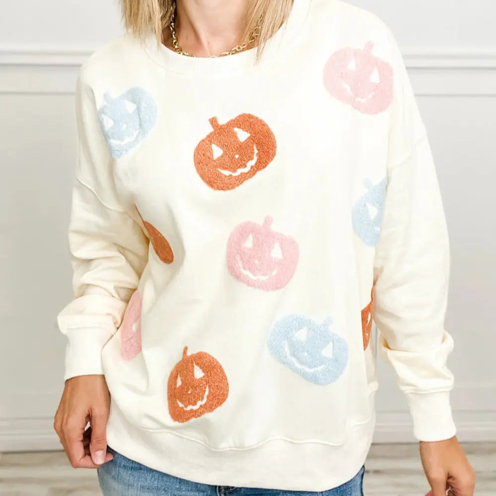 Ladies Summer Personalized Trend Halloween Theme Pumpkin Embroidered Sweatshirts Bella Mia