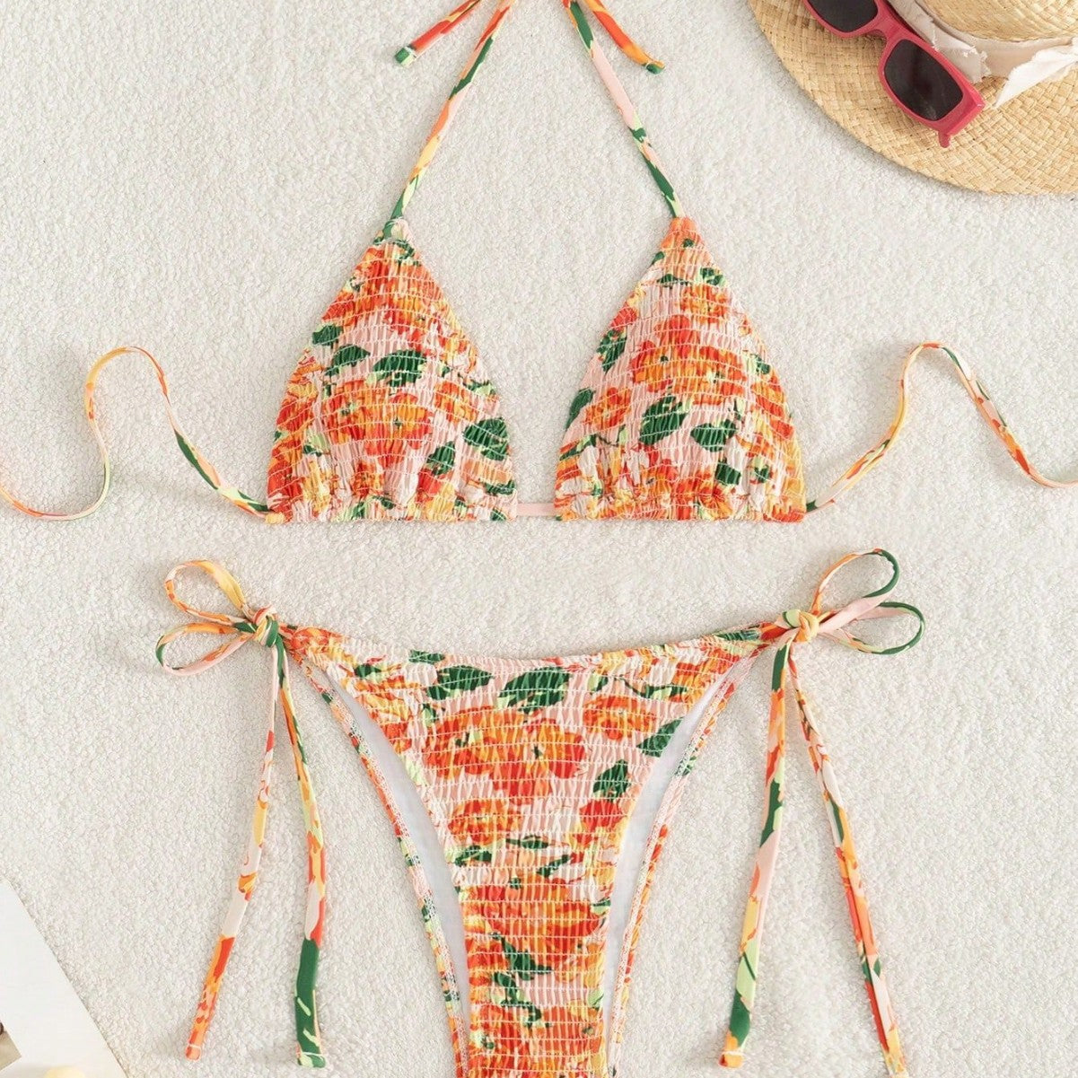 Smocking Sexy Lace up Bikini Split Swimsuit Women Fold Floral Halter Swimsuit Bikini Bella Mia