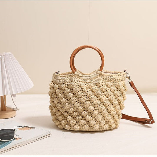 Beanie Crossbody Straw Bag Wooden Ring Portable Straw Bag Woven Bag Vacation Beach Bag Women Bag Bella Mia