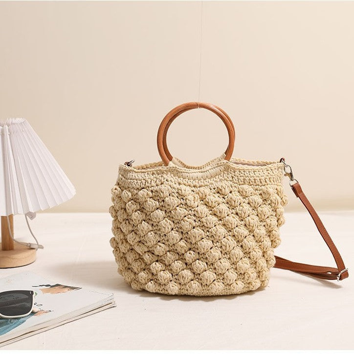 Beanie Crossbody Straw Bag Wooden Ring Portable Straw Bag Woven Bag Vacation Beach Bag Women Bag Bella Mia
