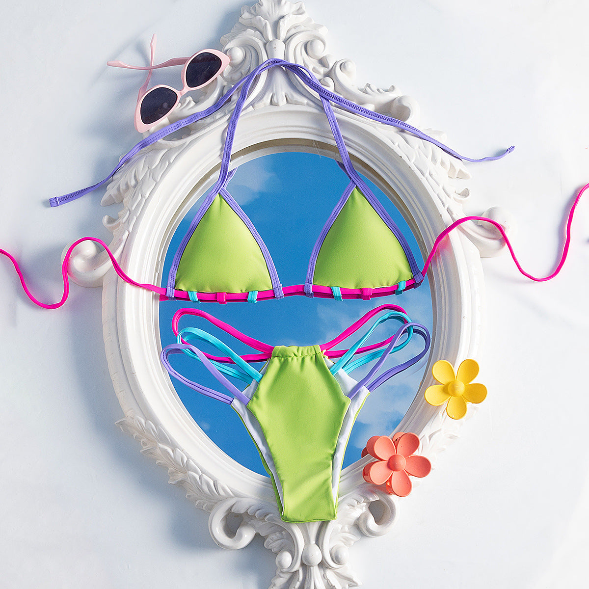 Split Two Piece Set Halter Colorful Ropes Strap Sexy Bikini Swimsuit for Women Bella Mia