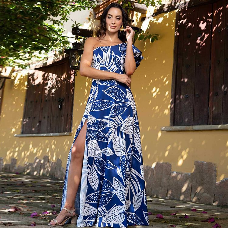 One Shoulder Bubble Sleeve Printed One Piece Swimsuit Women Bella Mia