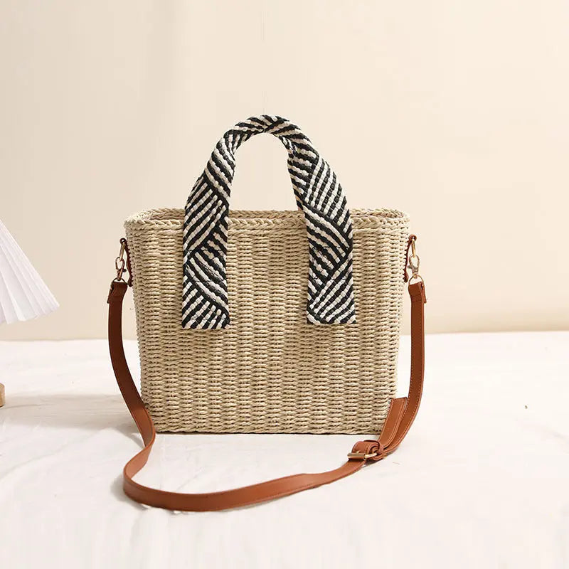 Handheld Straw Bag Square Crossbody Woven Beach Bag Rattan Weave Large Capacity Bella Mia