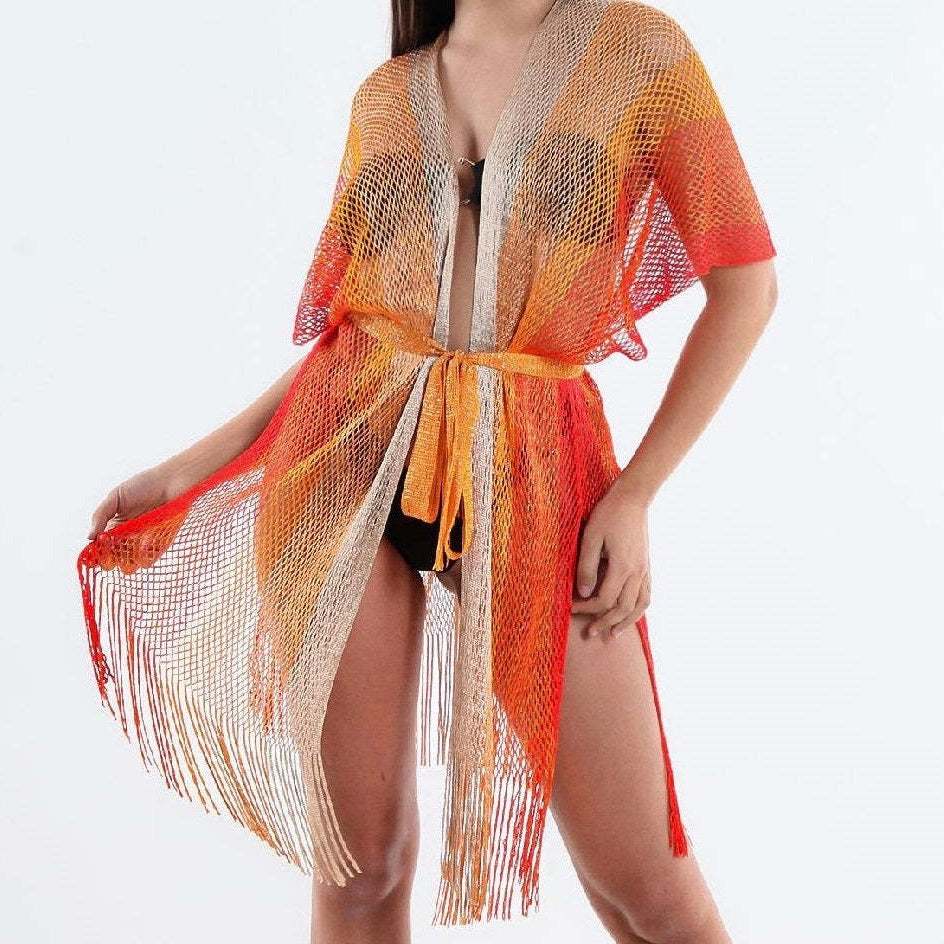 Summer Beach Sun Protection Shirt Lace up Cutout Tassel Sexy Slit Beach Cover Up Knitted Cardigan Shawl Crochet hook Crochet hook Crochet hook Bella Mia