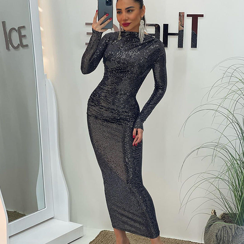 Women Sequin Design Slim Fit Graceful Tight Sexy Long Sleeve Narrow Dress Women Bella Mia