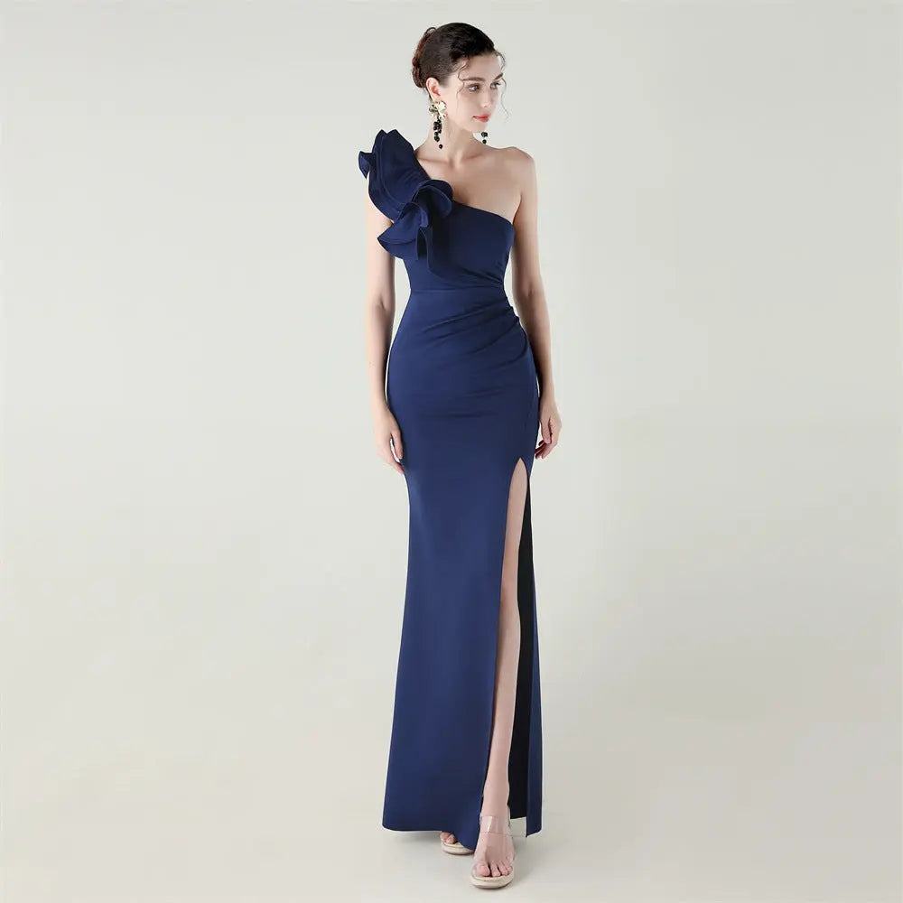 One Shoulder Craft Wave Floral Satin High Slit Sexy Evening Dress Dinner Party Wedding Social Bella Mia