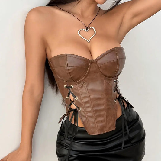 Women Clothing Cool Chic Faux Leather Waist Tube Top Sexy Sexy Leather Top Wrapped Chest Boning Corset Top Bella Mia