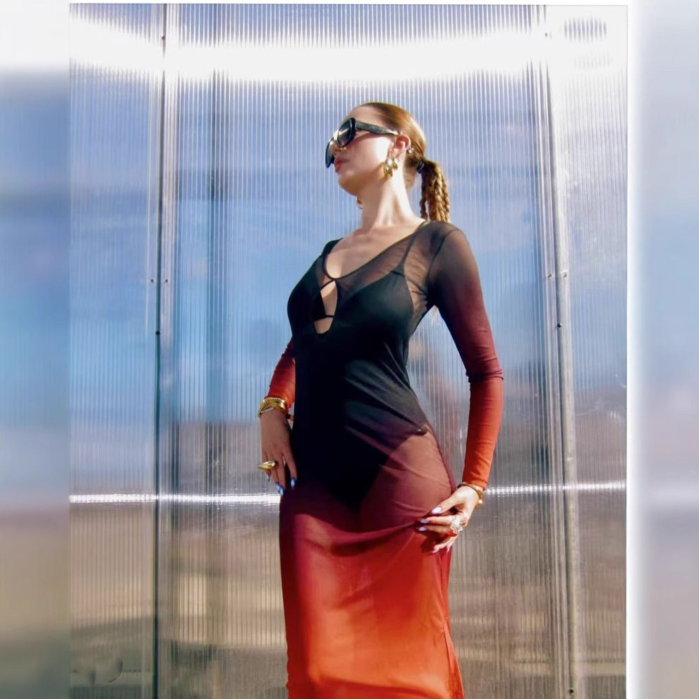 Spring Summer Color Contrast Gradient Transparent Hollow Out Cutout Split Vacation Beach Dress Bella Mia