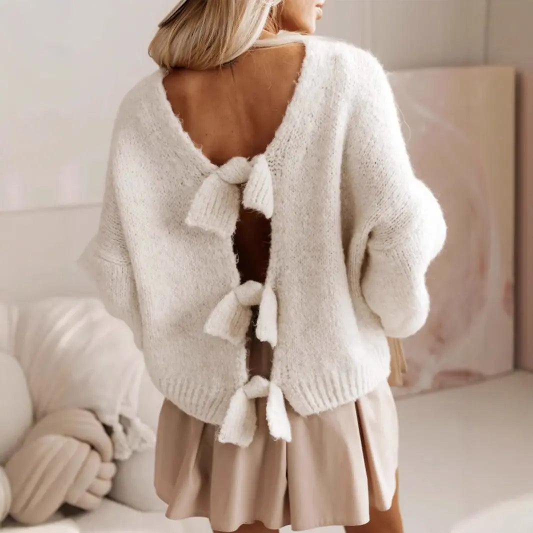 Autumn Winter Bow Tie Women Knitwear Sexy Backless Loose Sweater Top Bella Mia