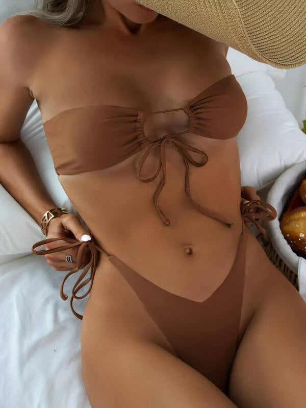 Women Seperated Swimwear Low Waist Basic Strapless Solid Color Tube Top Sexy Bikini Bella Mia