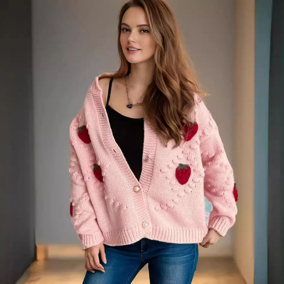 Autumn Winter Crocheted Embroidery Three Dimensional Strawberry Twist Pearl Buckle Knitted Sweater Cardigan Coat Bella Mia