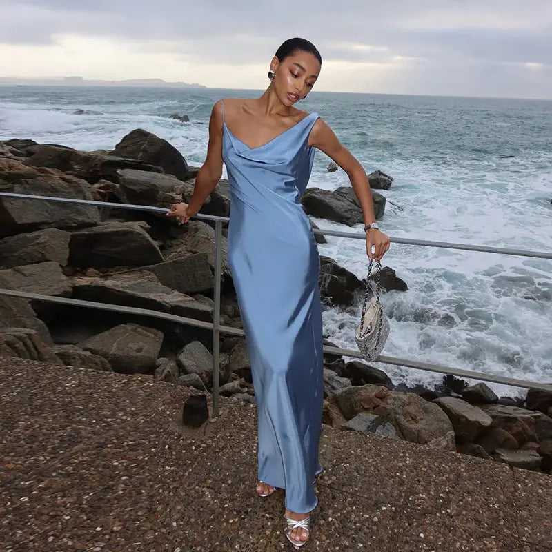 Sling Pockets Collar Sexy Backless Satin Formal Dress Elegant Evening Dress Bella Mia