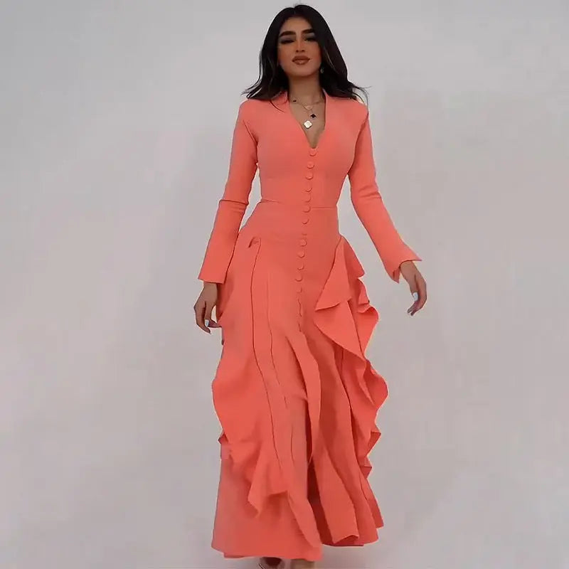 Summer V neck Long Slit Elegant Ruffle Dress Bella Mia