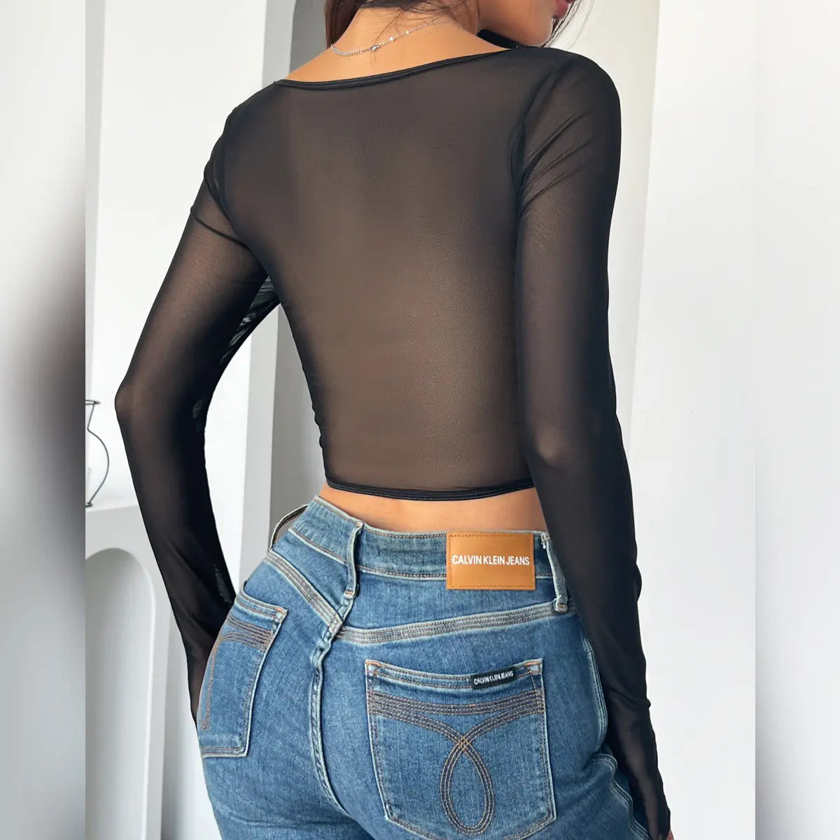 Fall Women Clothing Long Sleeve Sexy Faux Leather Wrapped Chest Set Diamond Boning Corset Bra Mesh Top Bella Mia