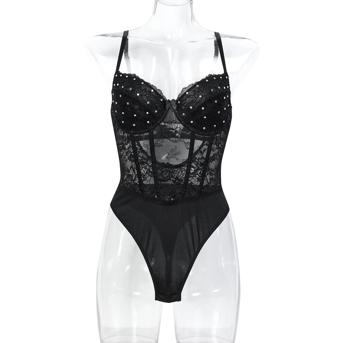 Black Heavy Embroidery Drilling Hand Wear Plastic Bones Shaping Body Shaping Double Layer Chest Cup Lace Jumpsuit Can Be Worn Alone