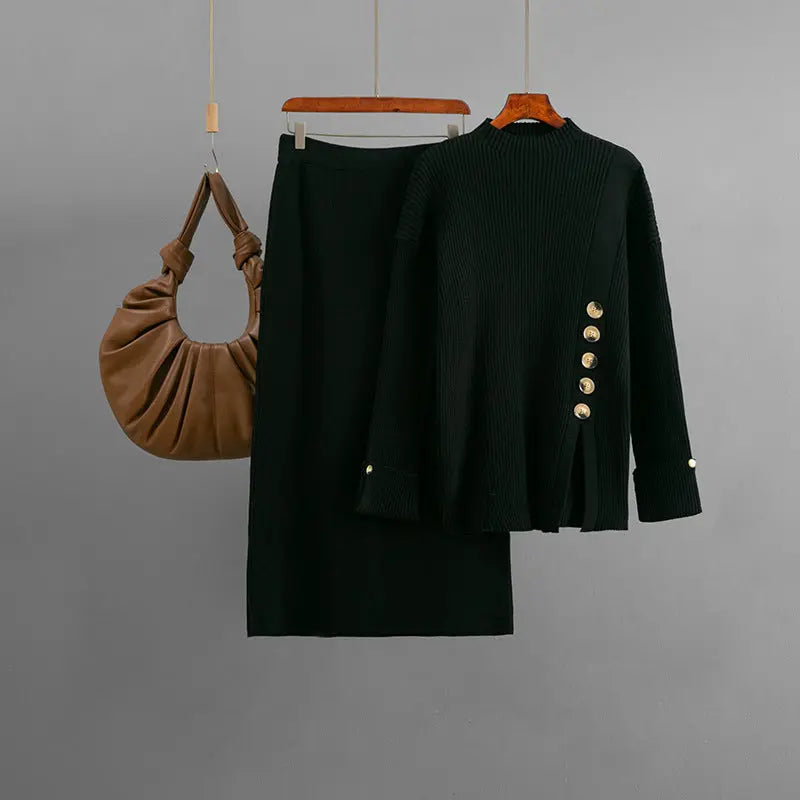 Women Two Piece Jersey Sweater Skirt Set With Side Slit Button Decoration Bella Mia
