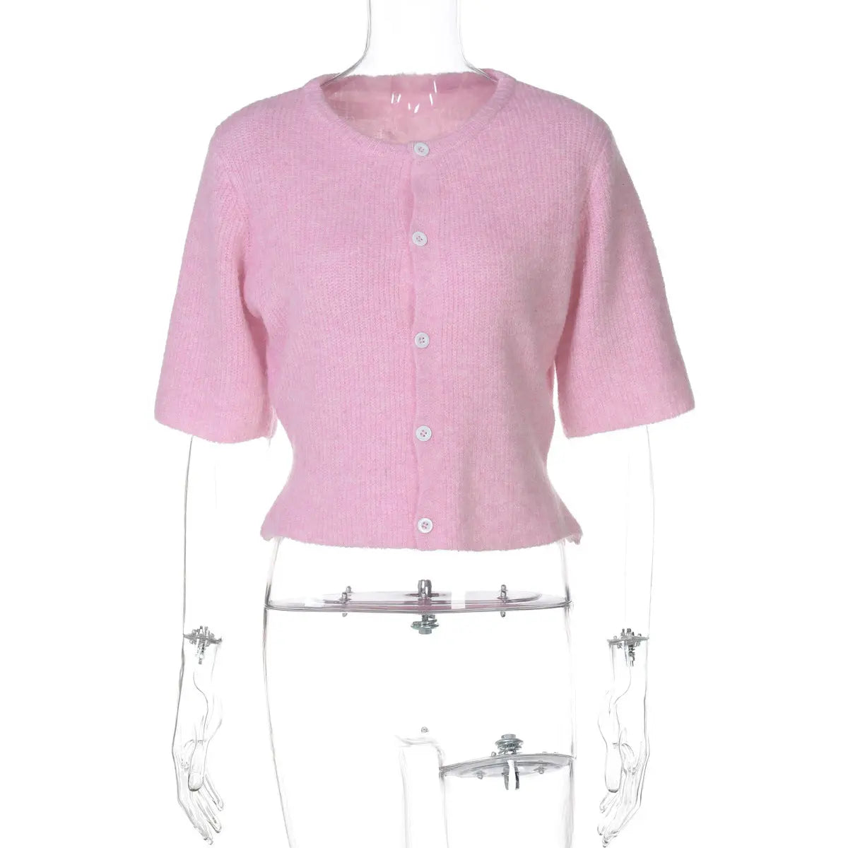 Women Half Sleeve Knit Buckle Cardigan Top Crew Neck Loose Polyester Bella Mia