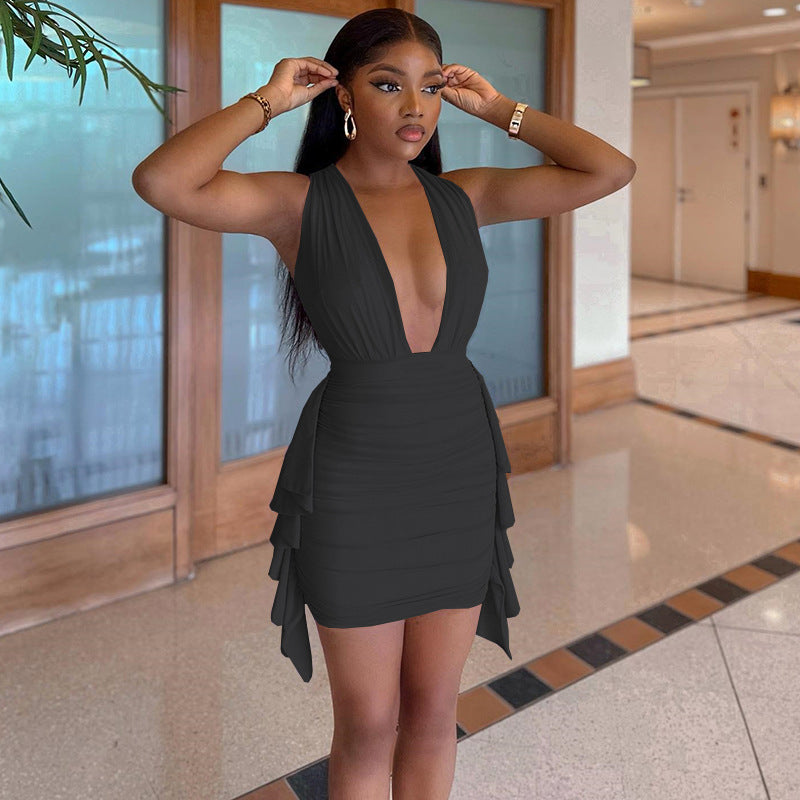 Sexy Deep V Plunge neck Sleeveless Sheath Hip Irregular Asymmetric Dress Trendy Women Dress Bella Mia