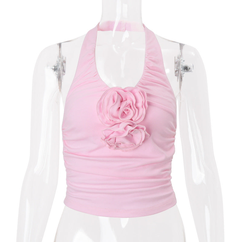 Women Clothing Summer Sexy Pure Want Pleated Floral Decoration Halterneck Vest Top Bella Mia