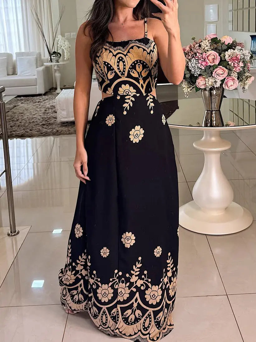 Women Elegant Graceful Spaghetti Strap Vintage Pattern Printing Dress Bella Mia