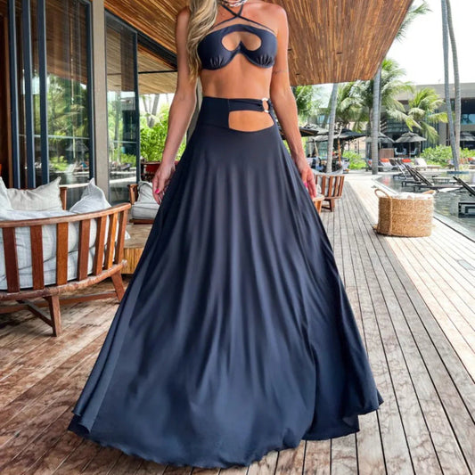 Pure Black Bikini Three Piece Set Split Swimsuit Long Skirt Bikini Bella Mia