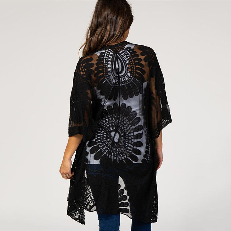 Lace Sunfower Embroidered Beach Cover-up Sexy Cardigan Outer Sunscreen Beach Cover Up Bella Mia