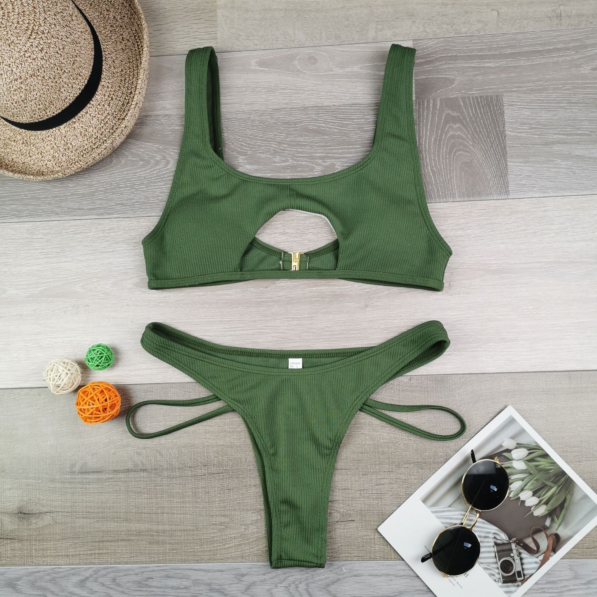 Solid Color Split Hollow Out Cutout Snake Fabric Swimsuit Women Sexy Halter Bikini Bella Mia