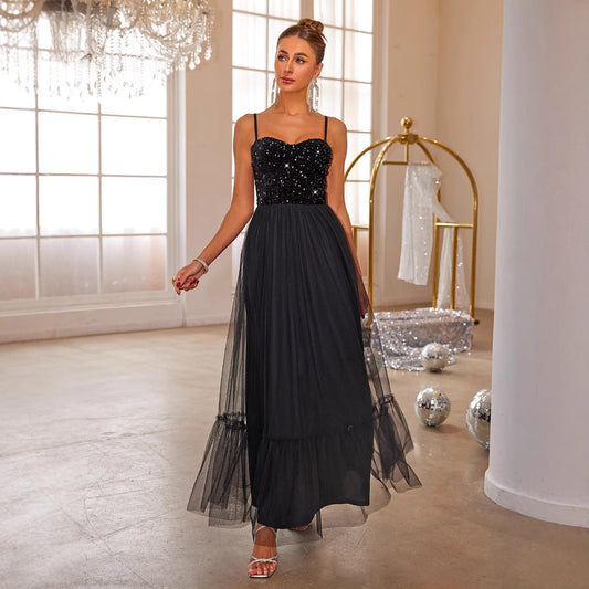 Women Clothing Sexy Sling Solid Color Sequ Mesh Dress Bella Mia