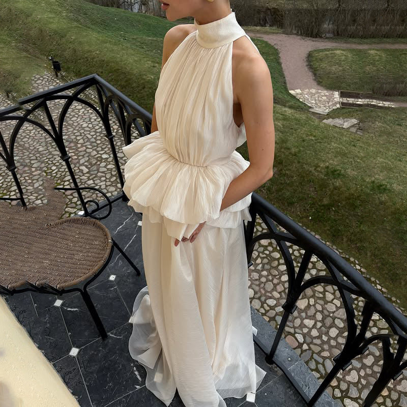 Elegant Wedding Dress Series Women Summer Turtleneck Sleeveless Waist Ruffled Maxi Dress Bella Mia