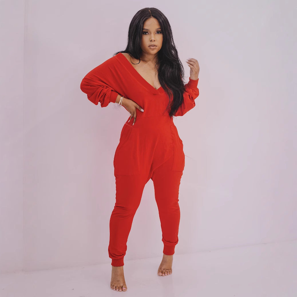 Women Clothing V neck Jumpsuit Sexy Sweatshirt Jumpsuit Long Sleeve Autumn Winter Pajamas Bella Mia