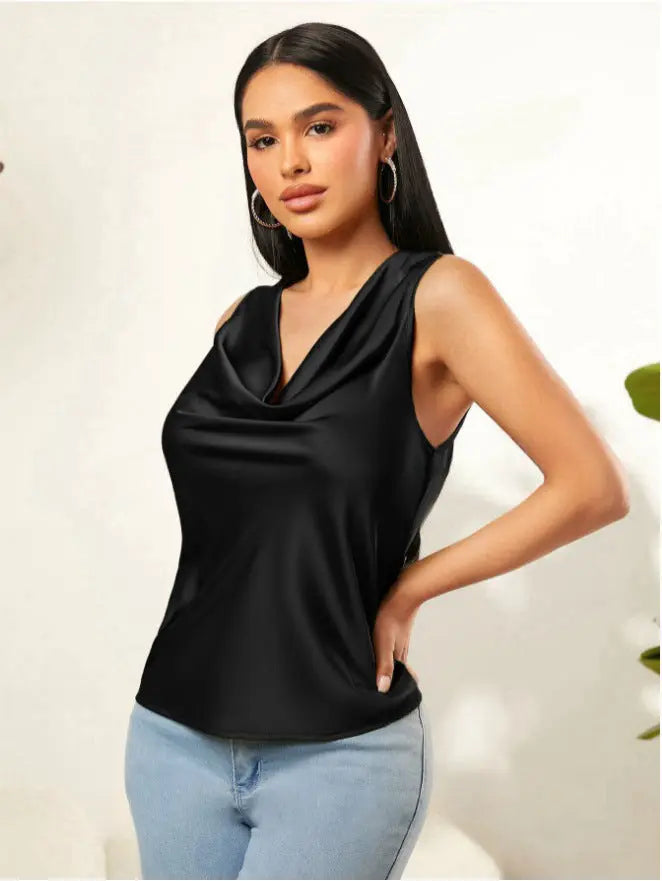Summer Satin Pile Collar Solid Color Sleeveless Vest Women Sleeveless Blouse Bella Mia