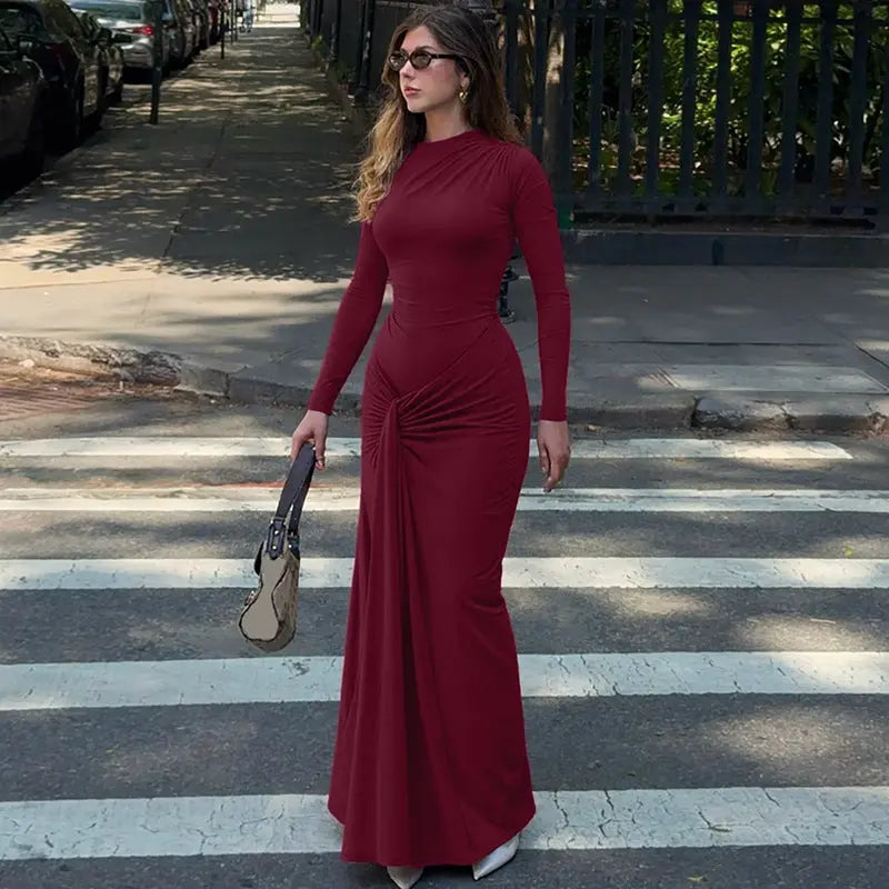 Women Lace Up Maxi Dress Waist Cinching Ruched Solid Color Long Sleeve Crew Neck Bella Mia