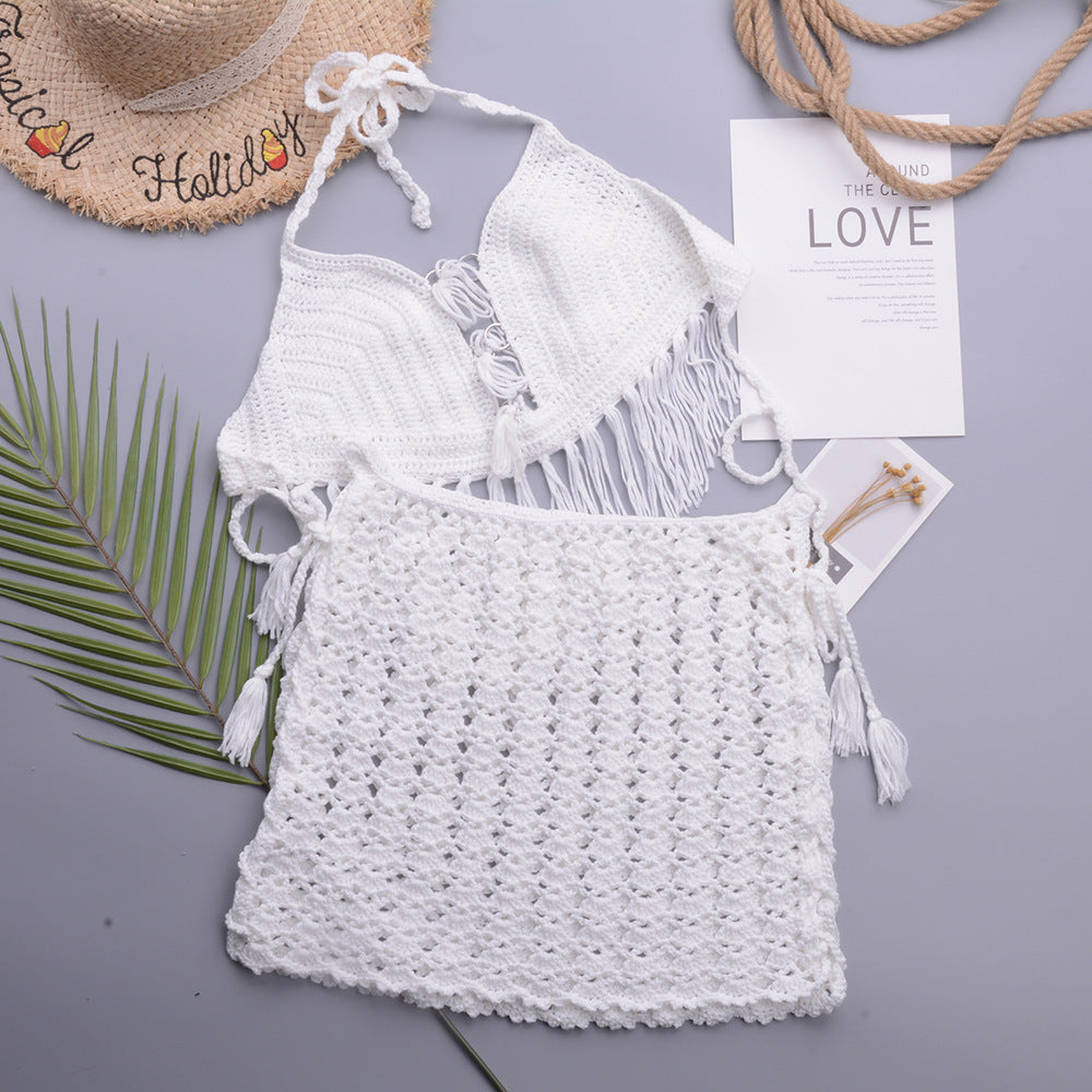 Retro Hand Crocheting Split Swimsuit Halter Strap Tassel Cutout A line Skirt Beach Skirt Women Set Bella Mia