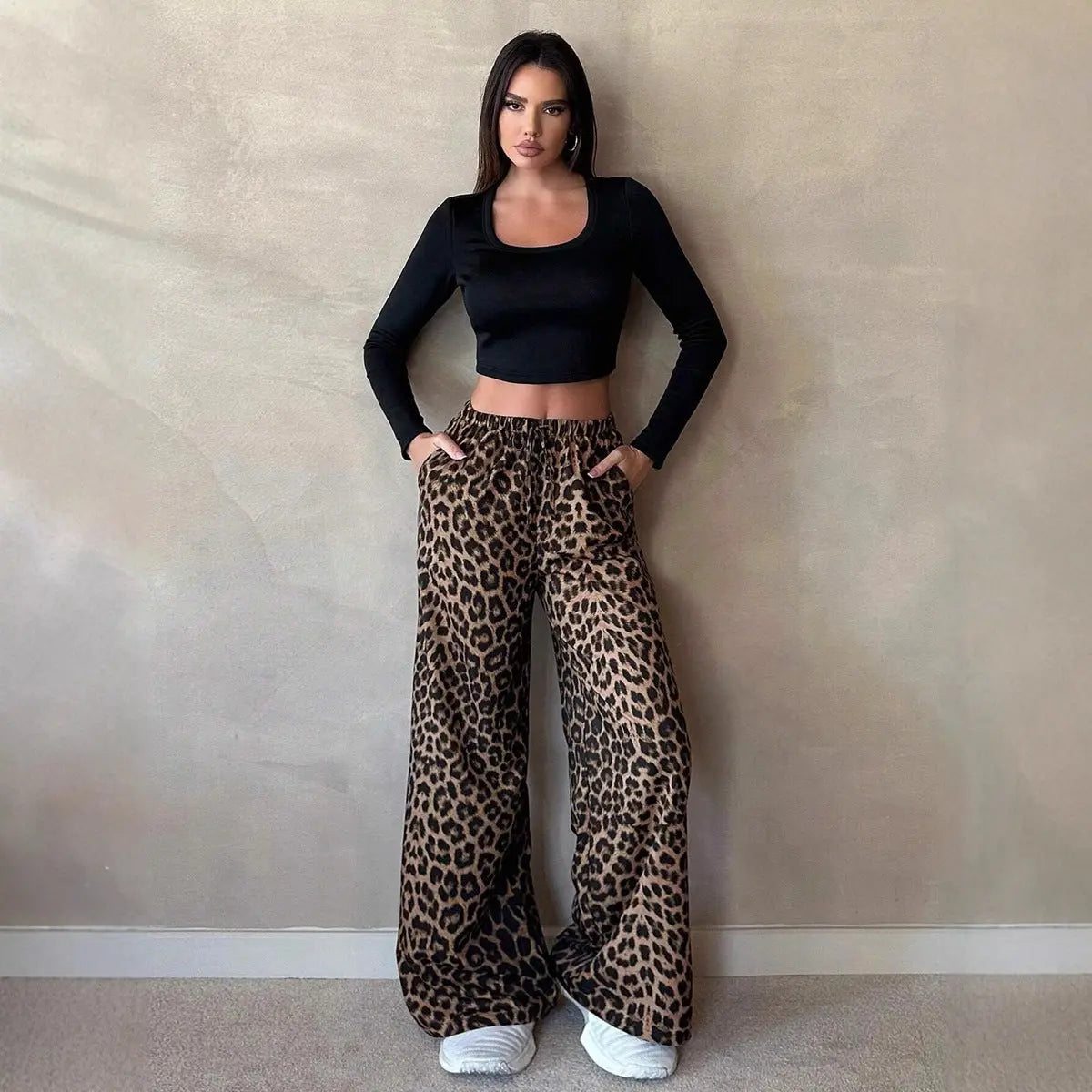 Women Clothing Satin Casual Pants Fall High Waist Leopard Print Loose Straight Satin Wide Leg Pants Bella Mia