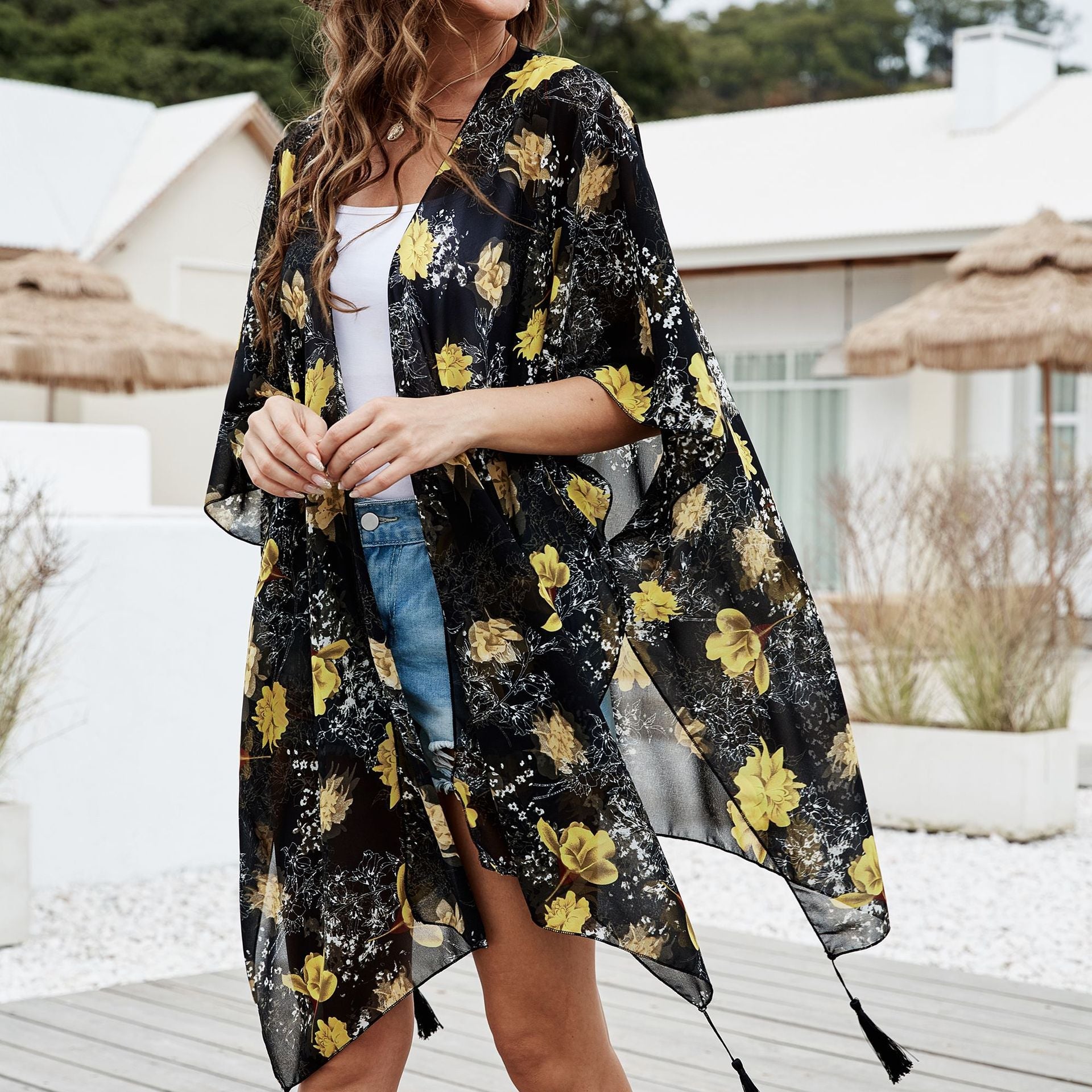 Summer Colorful Floral Print Tassel Sunshade Casual Sun Proof Sun Protection Clothing Mid Length Blouse Bella Mia