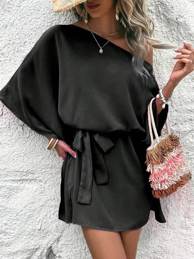 Women Clothing Satin off Shoulder Satin Dress Asymmetric High Waist Dress Bella Mia