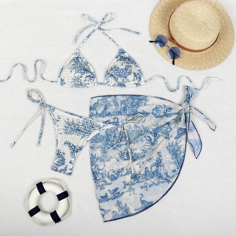 Printed Bikini Three Piece Gauze Skirt Split Sexy Vacation Bikini Swimsuit Bella Mia