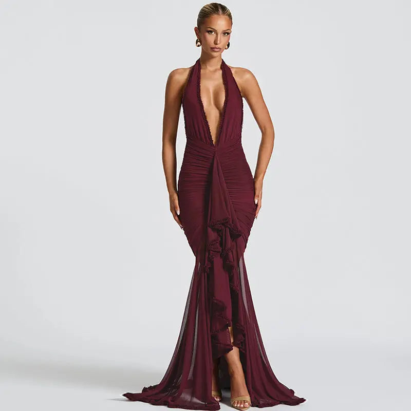 Summer Mesh Stitching Elegant Dress Maxi Dress V neck Halter Backless Sexy Dress Women Bella Mia