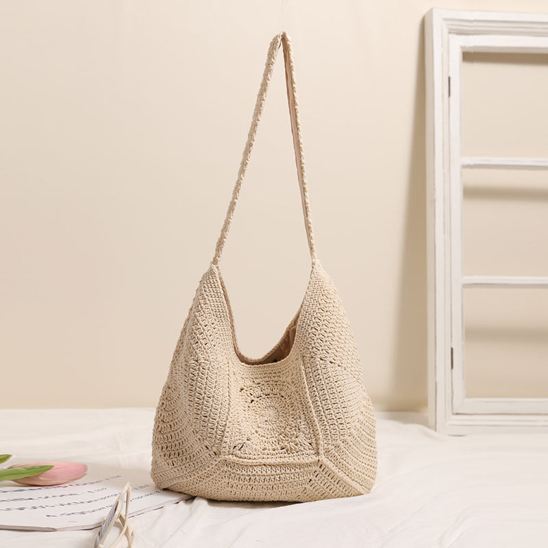 High Grade Single Shoulder Large Capacity Cotton Thread Woven Bag Hollow Out Cutout Floral Straw Bag Vacation Beach Bag Women Bag Bella Mia
