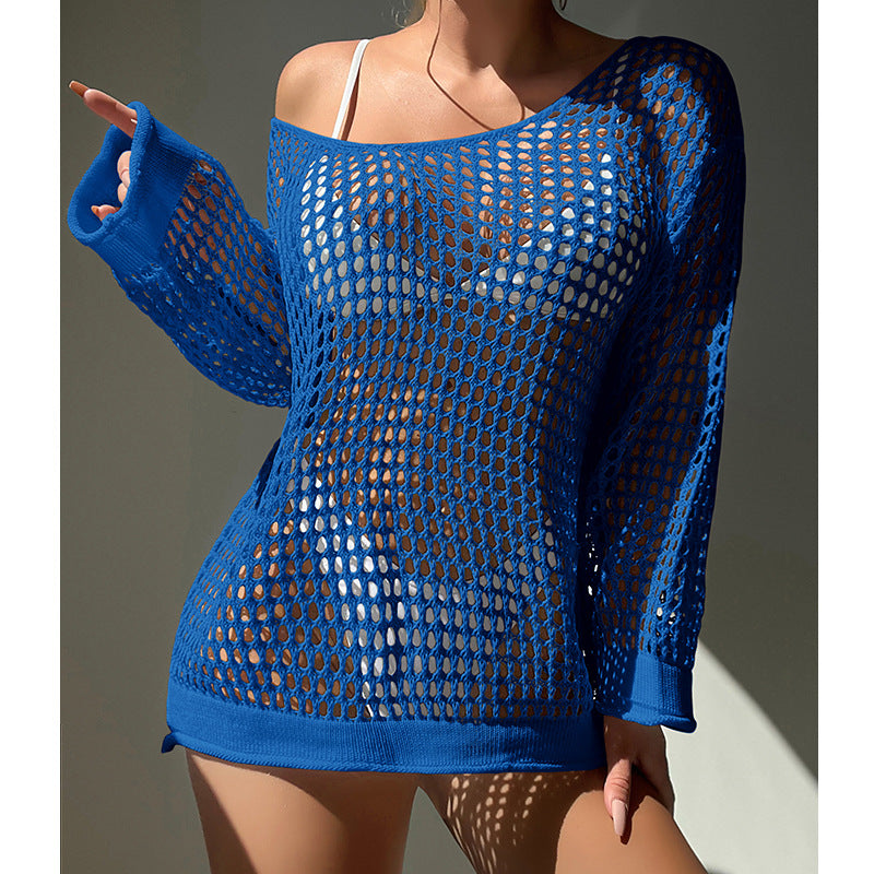 Summer Vacation Sexy Cutout Big round Neck Loose Pullover Bikini Sunscreen Knitted Beach Cover up Crochet hook Bella Mia