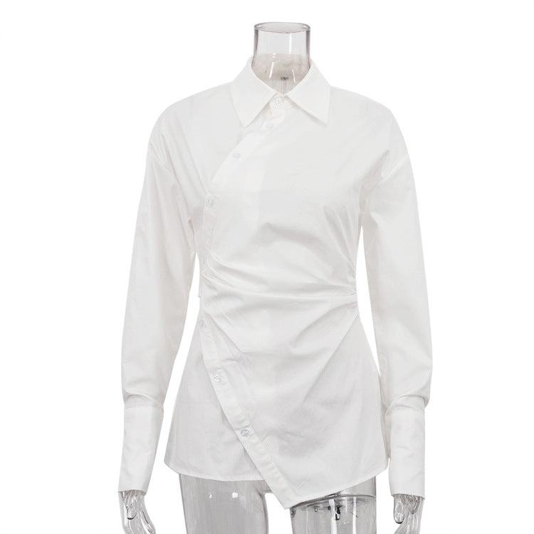 Cotton White Collared Long Sleeve Waist Women Shirt Cross Design Irregular Asymmetric Cardigan Top