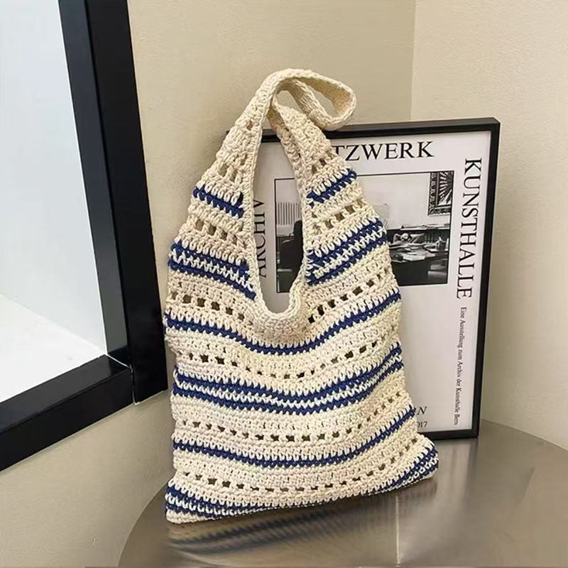 Striped Single Shoulder Cotton Thread Woven Bag Large Capacity Hollow Out Cutout Straw Bag Seaside Vacation Beach Bag Bella Mia