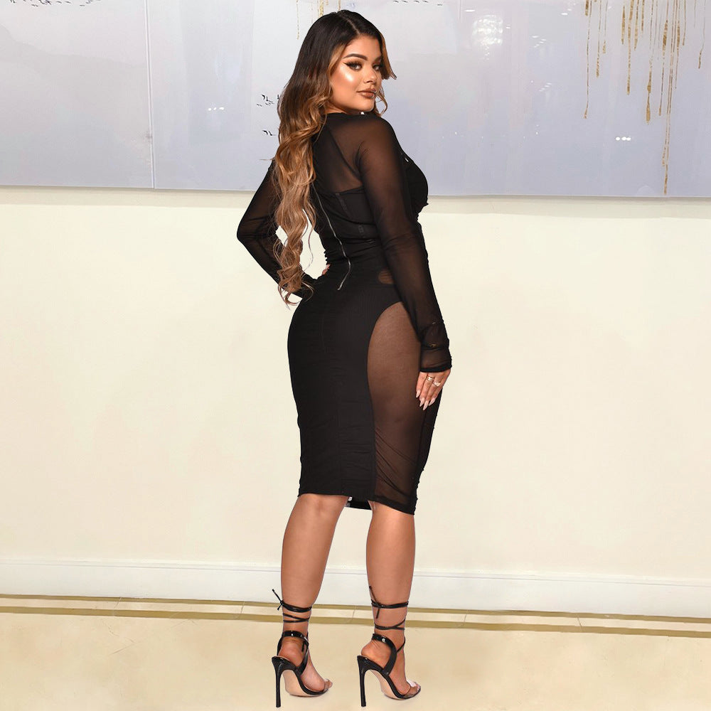 Women Clothing Sexy Mesh Stitching See through Tied Dress Women Bella Mia