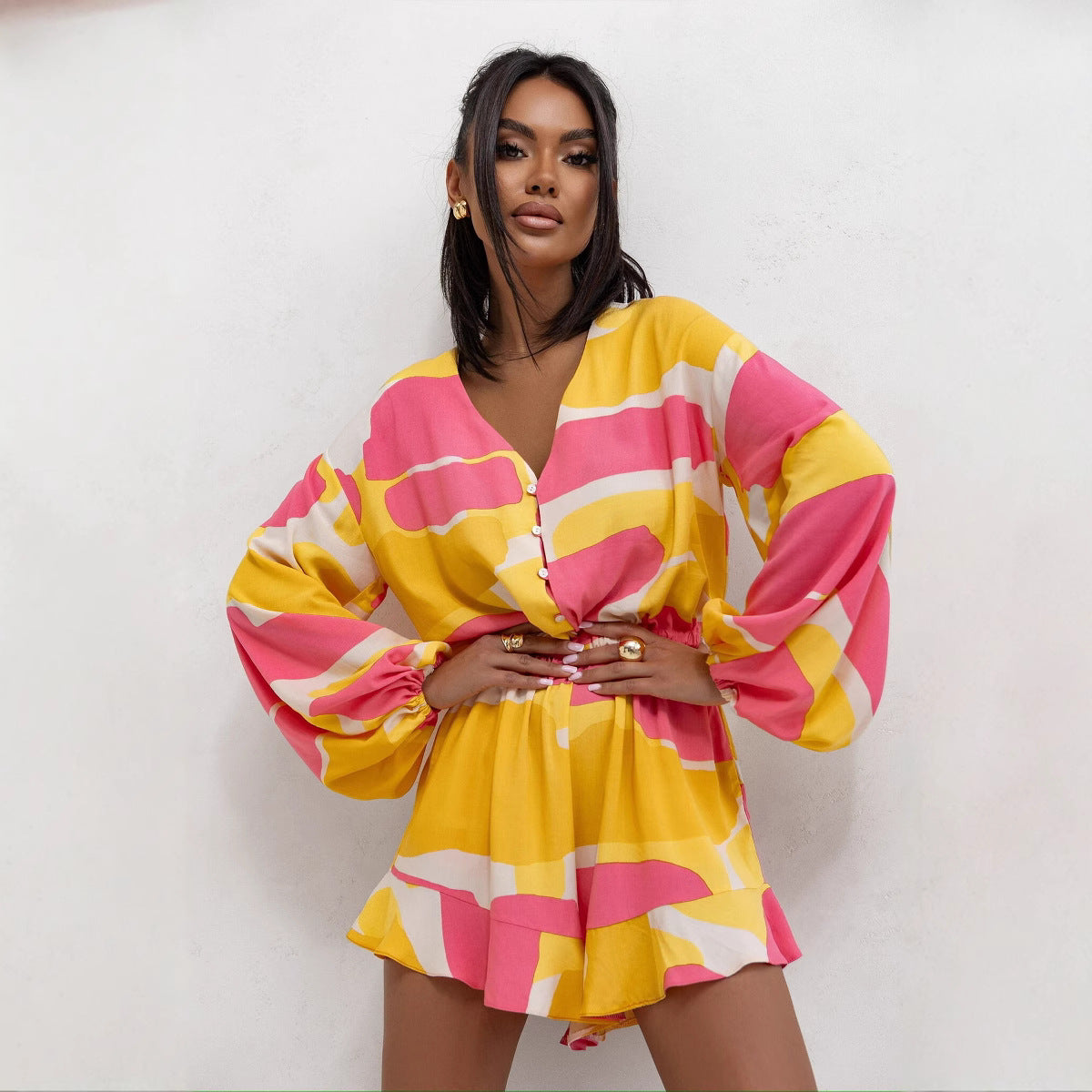 Women Clothing Summer V neck Printed Long Sleeve Waist Trimming Ruffles Shorts Jumpsuit Bella Mia