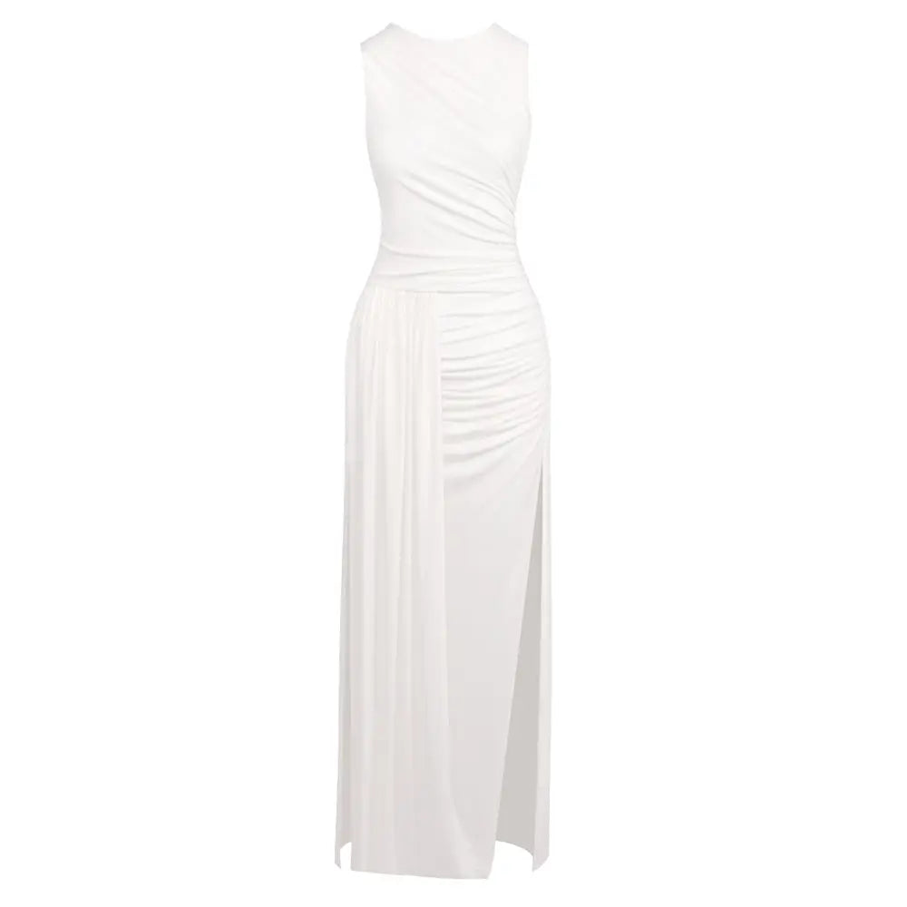 Hip Dress Summer Solid Color Dress round Neck Sleeveless Split Irregular Asymmetric Maxi Dress Bella Mia