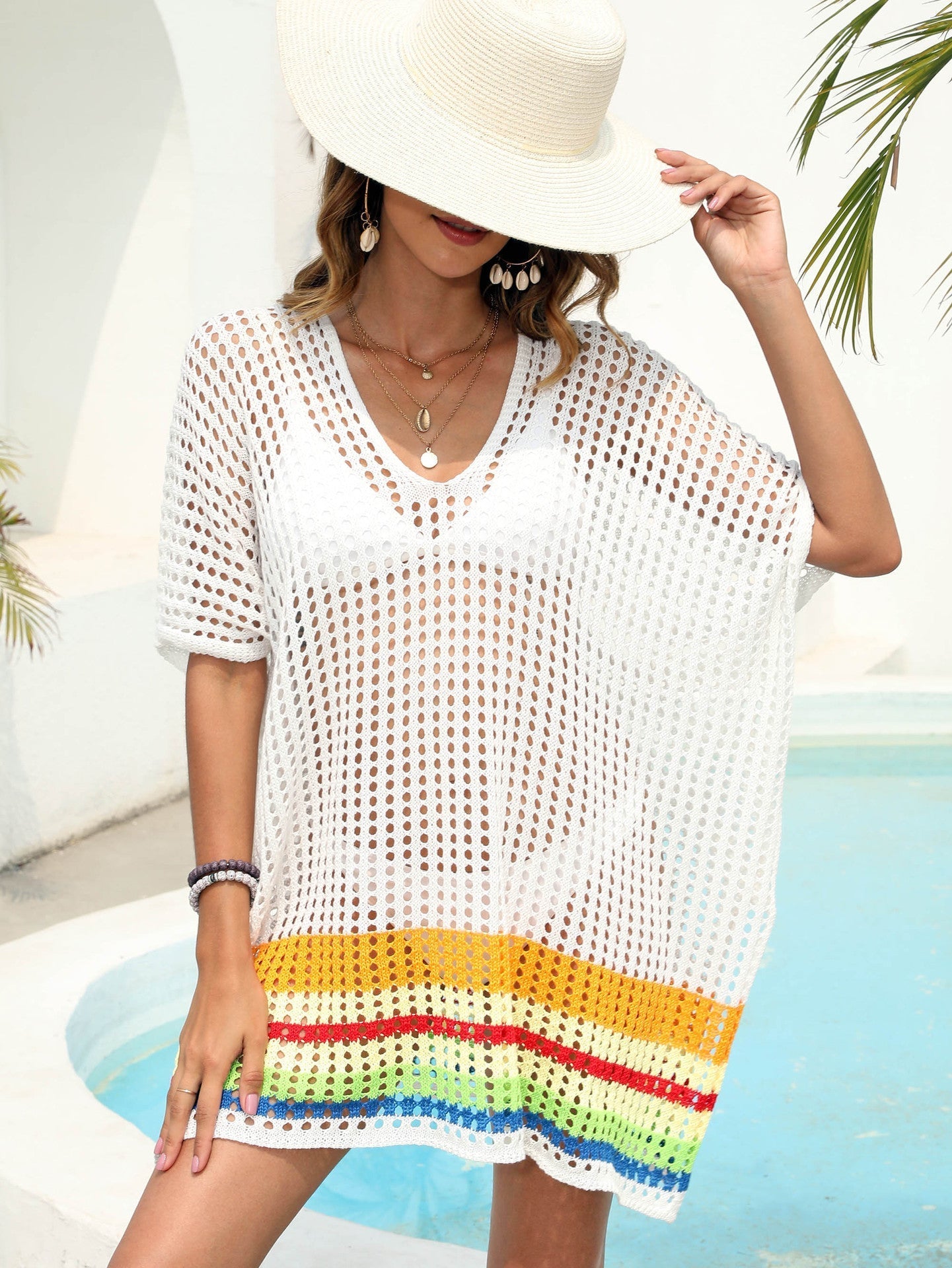 Beach Dress Women Clothing Deep V Plunge Sexy Sheer Cutout Woven Color Contrast Patchwork Beach Cover Up Bella Mia