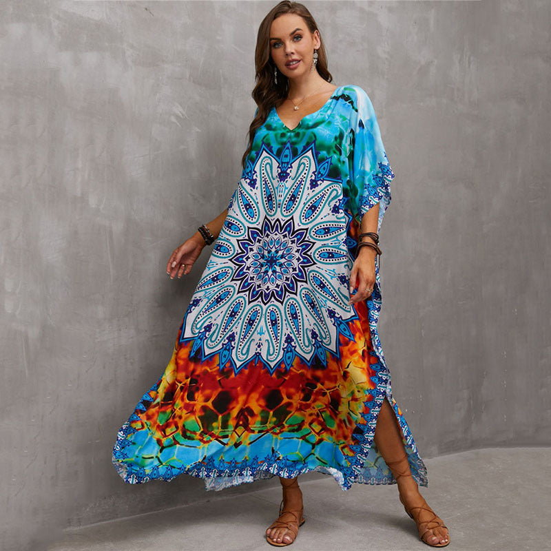 Rayon Positioning Printing Beach Cover Up V Neck Robe Vacation Skirt Bikini Cover Bella Mia