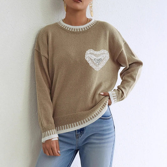 Autumn Winter Women Clothing Color Contrast Patchwork Loose Sweater Three Dimensional Bright Brick Butterfly Lace Love Pocket Bella Mia