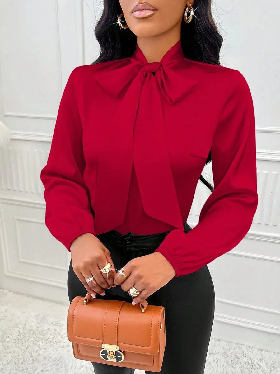 Women Clothing Autumn Satin Shirt Bow Long Sleeve Top Bella Mia