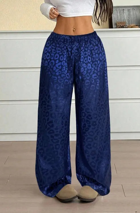 Women Clothing Autumn Satin Casual Pants Drawstring Leopard Print Mop Wide Leg Pants Long Pants Bella Mia
